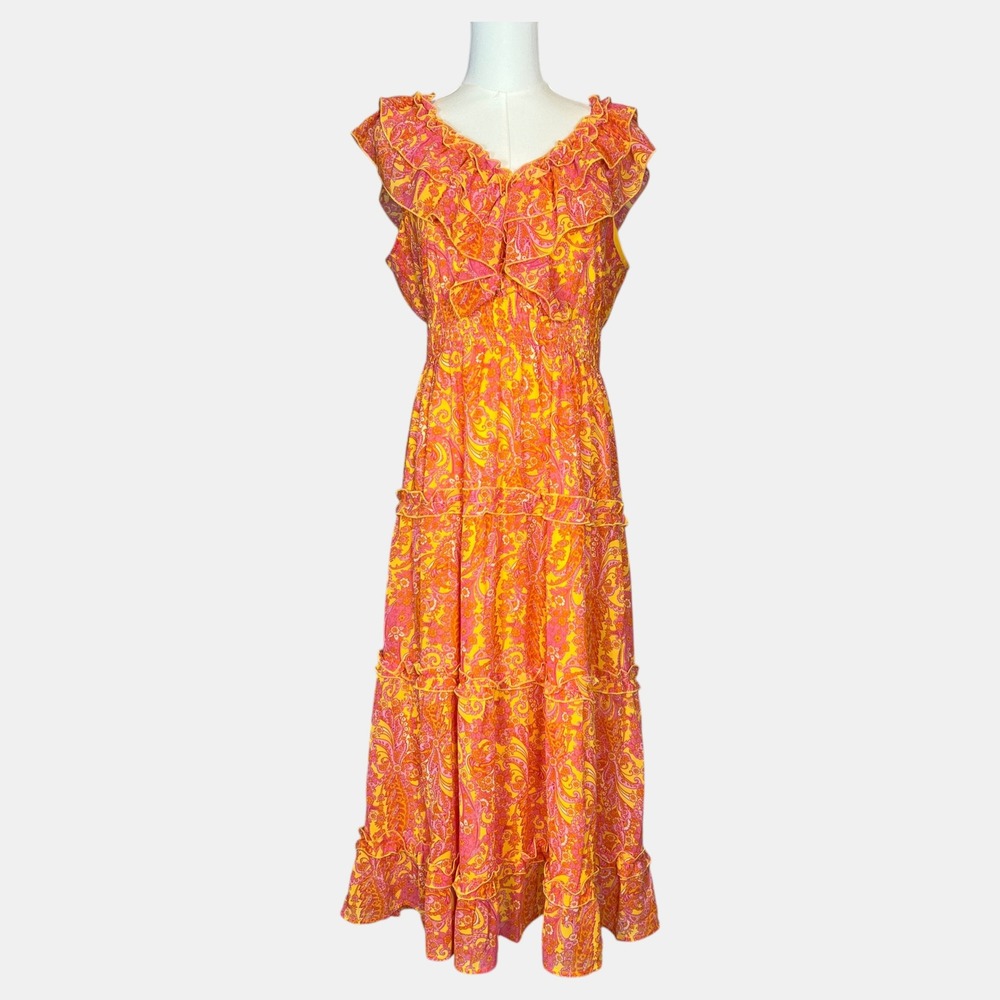 Versona Women's M Orange Pink Paisley Midi Dress Tiered Ruffle | Boho